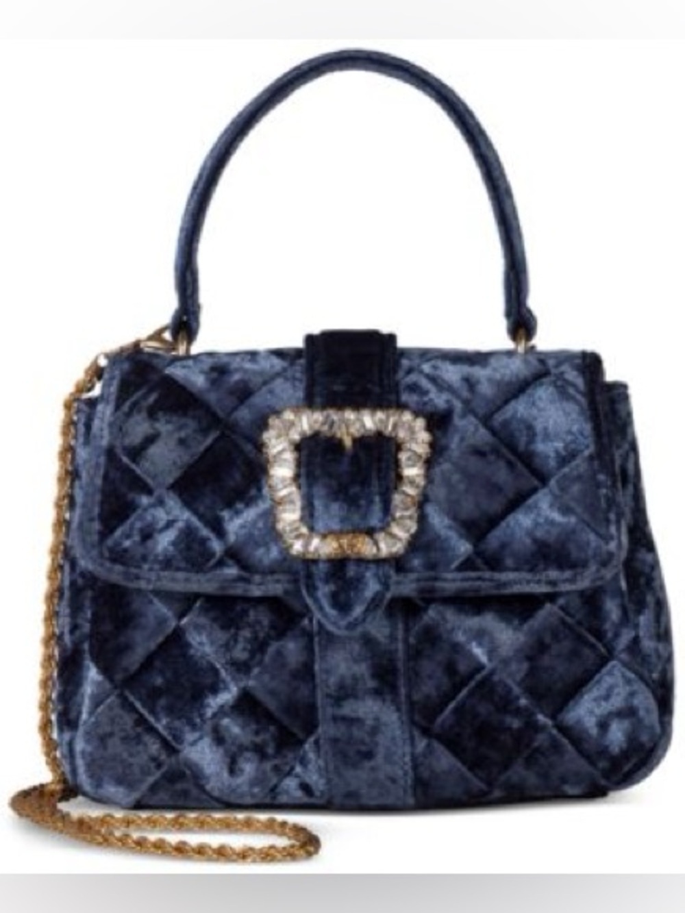 Sam Edelman Quilted Navy Velvet Satchel with Crystal Buckle
